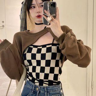 Set: Check Camisole Top + Sweatshirt Shrug