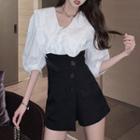 Ruffle Trim Collar Blouse / High-waist Mini A-line Skirt