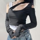 Mock Two-piece Cold-shoulder Long-sleeve Cropped T-shirt