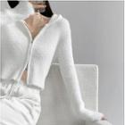Zipper-details Furry-knit Hooded Crop Cardigan