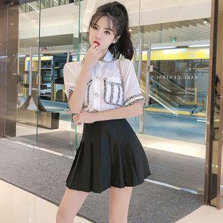 Set: Contrast Trim Elbow-sleeve Blouse + Mini Pleated Skirt