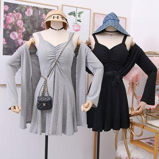 Set: Ruched Sleeveless Mini Dress + Light Cardigan