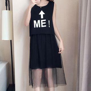 Set: Spaghetti-strap Mesh Dress + Lettering Tank Top