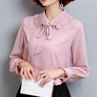 Pleated Collar Long Sleeve Chiffon Shirt