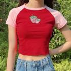 Short-sleeve Strawberry Embroidered Cropped T-shirt