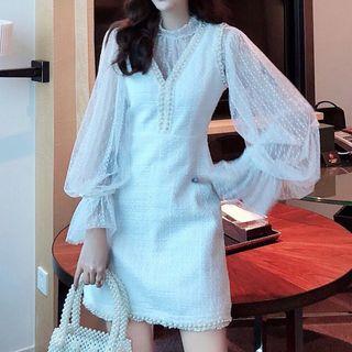 A-line Tweed Pinafore Dress / Lantern-sleeve Mesh Top