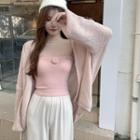 Flower Applique Tube Top / Cardigan / Straight Leg Pants