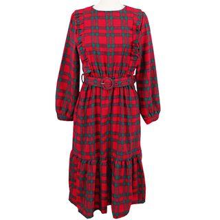 Long-sleeve Plaid Midi Dress With Belt