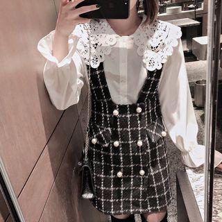 Set: Lace Panel Shirt + Suspender Mini Tweed Skirt