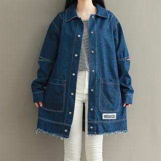 Fray Edge Long Denim Jacket Dark Blue - One Size