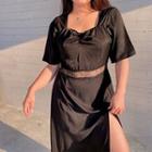 Short-sleeve Lace Panel Slit A-line Midi Dress