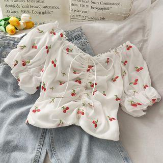 Boatneck Cherry-embroidered Drawstring Crop Top