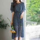 Slit-sleeve Floral Midi Chiffon Dress