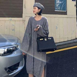 Cable-knit Puff-sleeve Midi Knit Dress