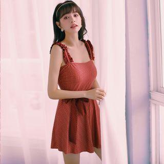 Ruffle Trim Plaid Tie-waist Sleeveless Swimdress