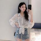 Set: Long-sleeve Polka Dot Chiffon Shirt + Bandeau
