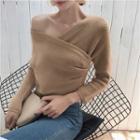 Plain V-neck Off-shoulder Sweater