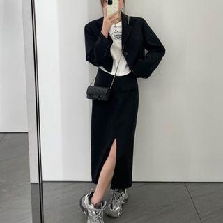 Plain Cropped Blazer / Slit Midi Pencil Skirt