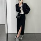 Plain Cropped Blazer / Slit Midi Pencil Skirt