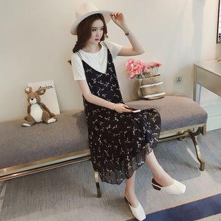 Set: Short-sleeve T-shirt + Printed Spaghetti-strap Midi Dress