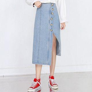 Midi A-line Slit Denim Skirt