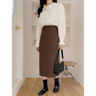 Midi Straight-fit Skirt / Ruffle Trim Blouse