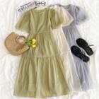 Short-sleeve Plain Mesh Panel A-line Dress