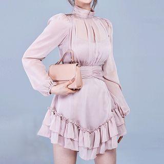 Long Sleeve Mock Neck Ruffle Trim A-line Dress