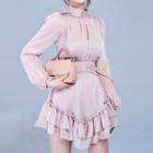 Long Sleeve Mock Neck Ruffle Trim A-line Dress