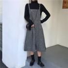 Turtleneck Long-sleeve Knit Top / Plaid Midi Pinafore Dress