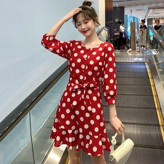 Ruffle Hem Dotted 3/4-sleeve A-line Dress