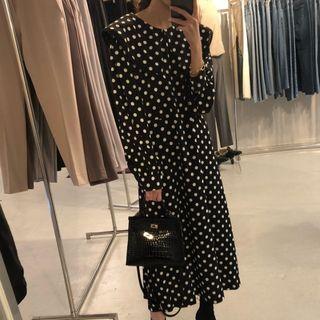 Long-sleeve Polka Dot Midi Collared Dress Black - One Size
