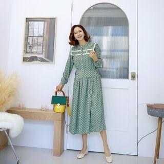 Sailor-collar Lace-trim Patterned Long Dress
