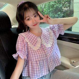 Short-sleeve Plaid Cropped Blouse Checker - Purple - One Size