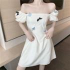 Puff-sleeve Square Neck Butterfly Accent Dress