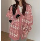 Long-sleeve Plaid Knit Cardigan Pink - One Size