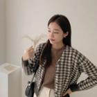 V-neck Check Knit Cardigan Brown - One Size