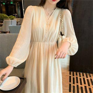 Puff-sleeve Midi Dress / Beaded Cardigan