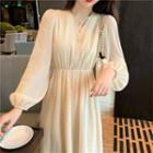 Puff-sleeve Midi Dress / Beaded Cardigan
