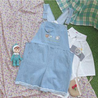 Cartoon Embroidered Denim Jumper Shorts Blue - One Size