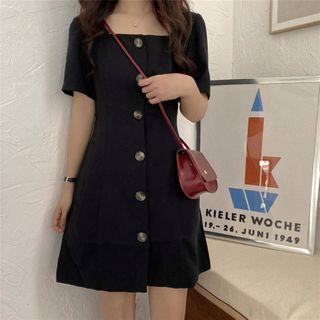 Short-sleeve Square Neck Button A-line Dress Black - One Size