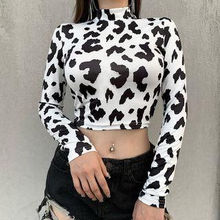 Long-sleeve Mock Neck Cow Pattern Crop Top