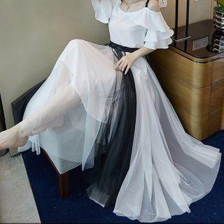 Two-tone Cold-shoulder Maxi A-line Chiffon Dress
