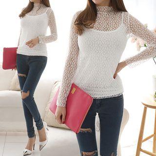 Mock-neck Dot Pattern Lace Top