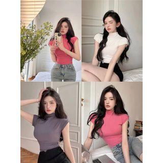 Cap-sleeve Turtleneck Crop Top