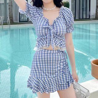 Set: Puff-sleeve Gingham Swim Top + Skirt