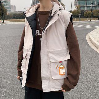 Sleeveless Cat Printed Cargo Zipped Hooded Jacket