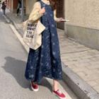 Floral Embroidered Midi A-line Overall Dress Dark Blue - One Size
