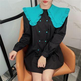 Long-sleeve Two-tone Mini Collared Dress Black & Blue - One Size