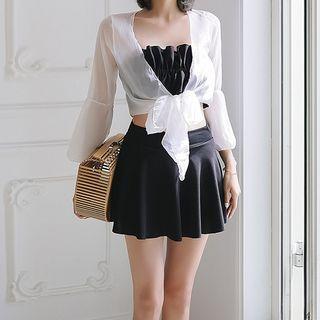 Set: Plain Ruffled Bikini Top + Swim Skirt + Cover-up Jacket